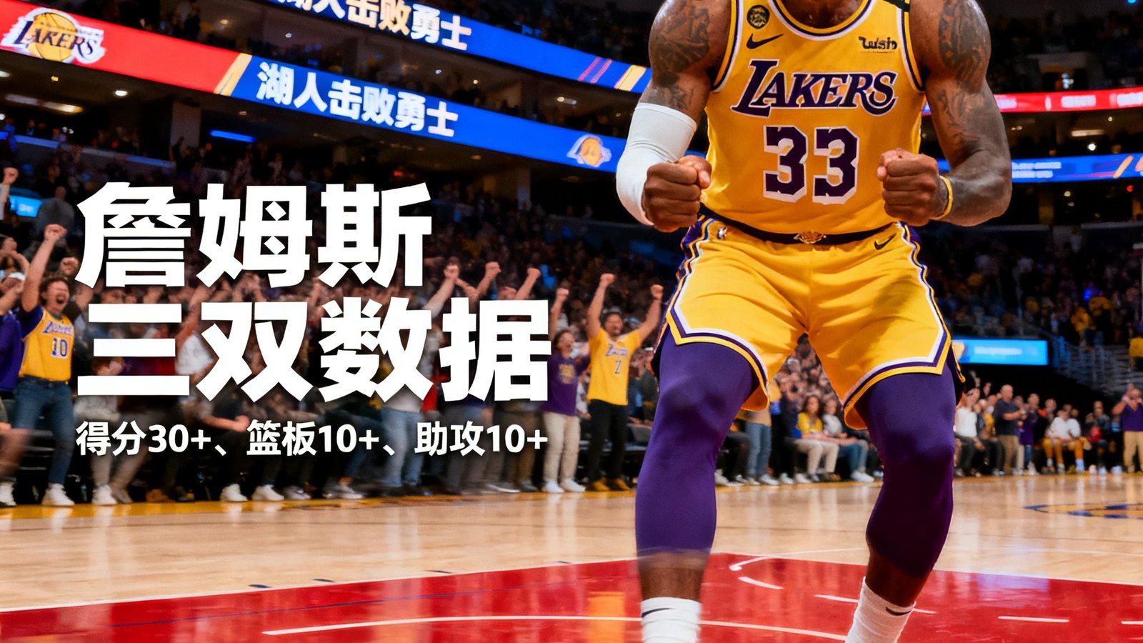 NBA湖人击败勇士，詹姆斯获得三双数据