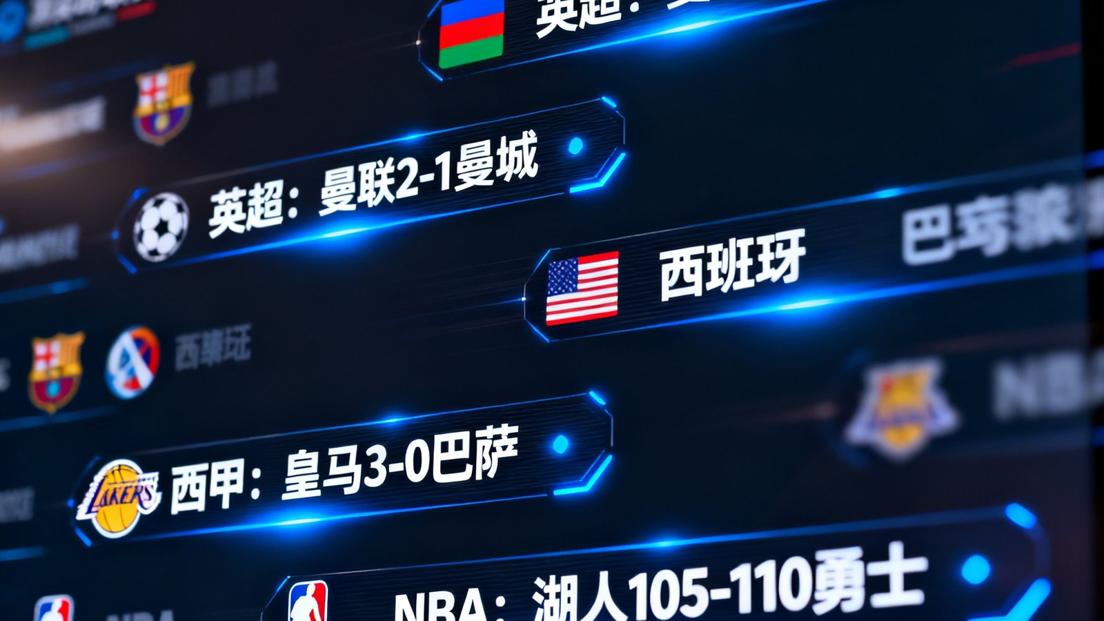 比分直播网实时赛况大屏展示英超、西甲、NBA等多联赛比分滚动条，背景为深色科技感界面